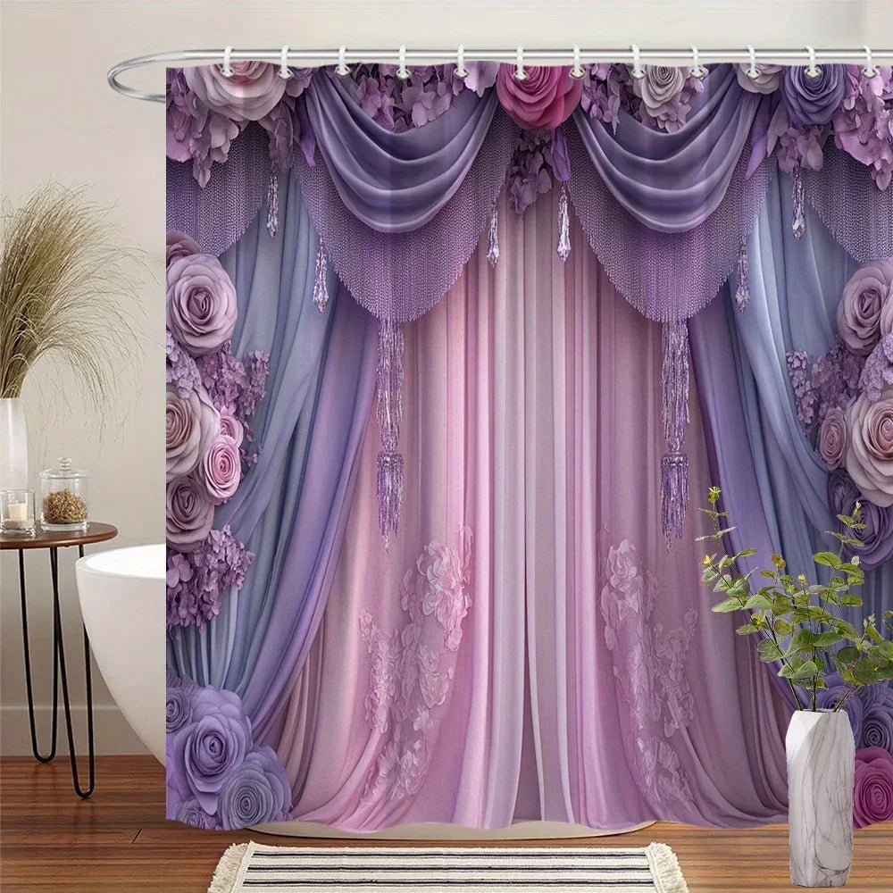 Victorian Lavender & Pink Floral Shower Curtain - Crystal Pendants, Elegant Luxury Polyester,   12 Hooks, Elegant Bath Decor