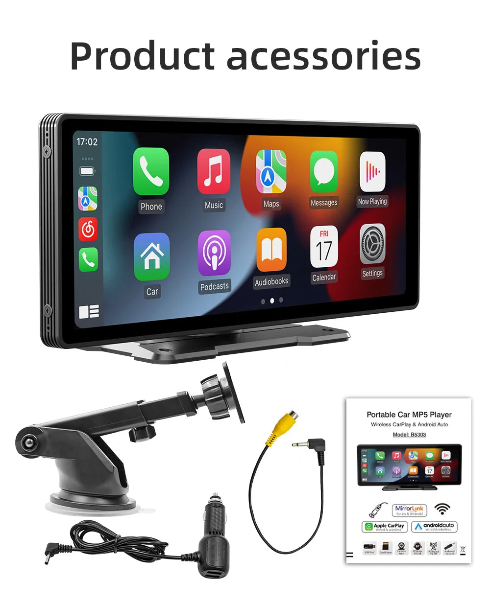 BQCC 10.26 Inch Portable MP5 Multimedia Video Player Android Auto Wireless Carplay Screen HD Rear Reversing Camera Car Radio