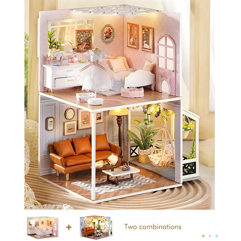 DIY Wooden Miniature Doll House Small House Kit 3D Puzzle Assembly Building Kits With Furniture LED Dollhouse Toys For Gifts