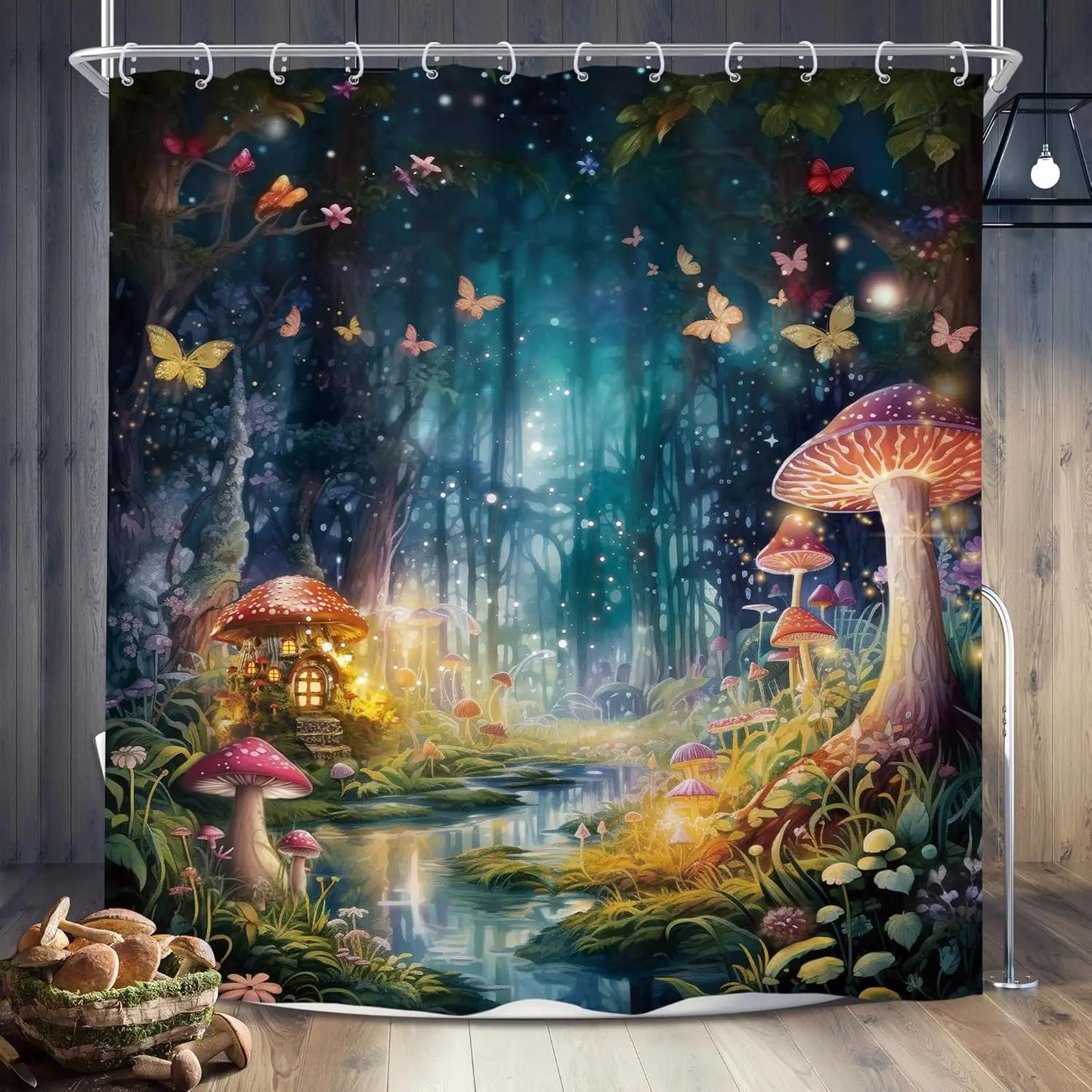Fantasy Shower Curtain Fairy Beautiful Wonderland Woodland Tree Wildflower Floral Garden Butterfly Plant Tale Nature Bathroom