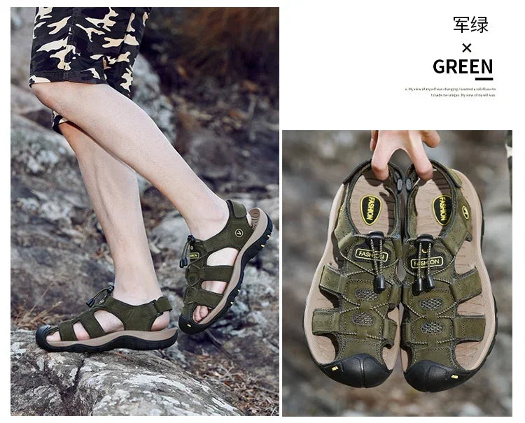 Summer Sandals Leather Outdoor Men Beach Shoes Luxury Breathable Casual Sandal Man Wading Shoes Non-slip Wide lining Slippers