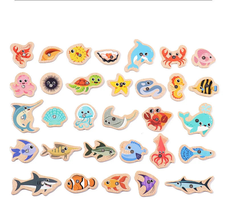 Montessori Wooden Magnetic Fishing Toys Marine Life Cognition Fish Games Early Educational Toy for Kids Parent-child Interactive
