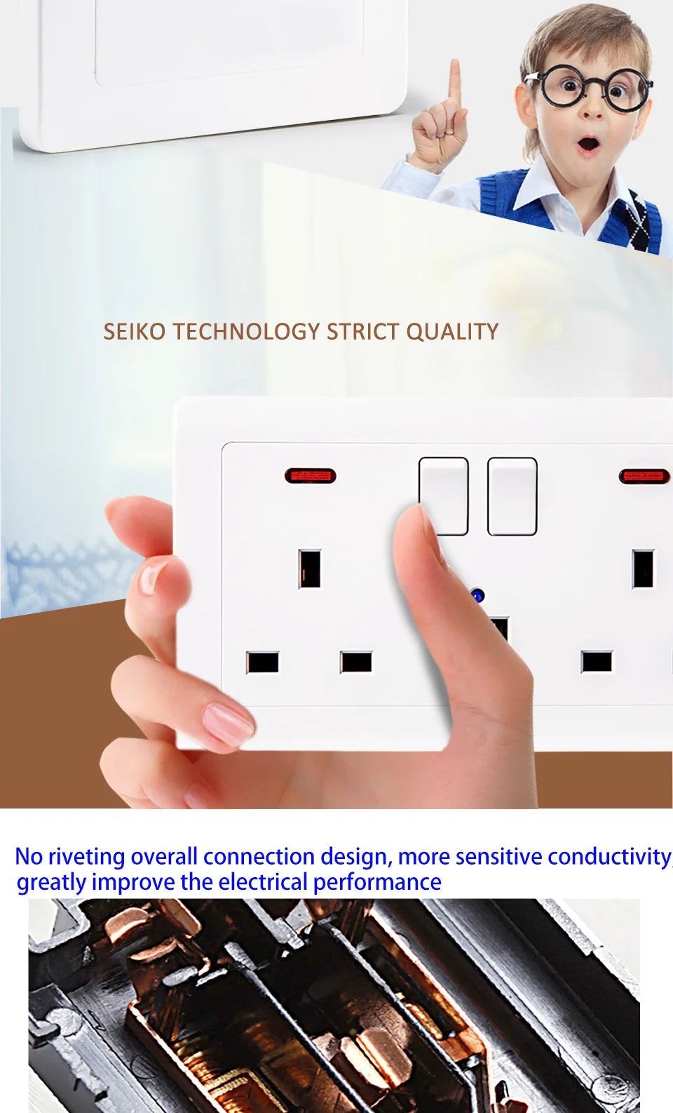 UK Standard 13A Switched Wall Socket with Dual USB Charger Ports LED Indicator Standard Size Easy Fit Wall Mounted USB Power