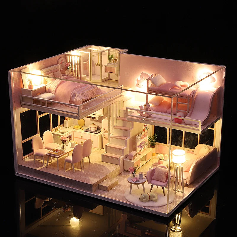 DIY Wooden Doll House Handmade Duplex Apartment Production 3D Puzzle Assembly Building Duplex Apartment Model Toy Children Gifts