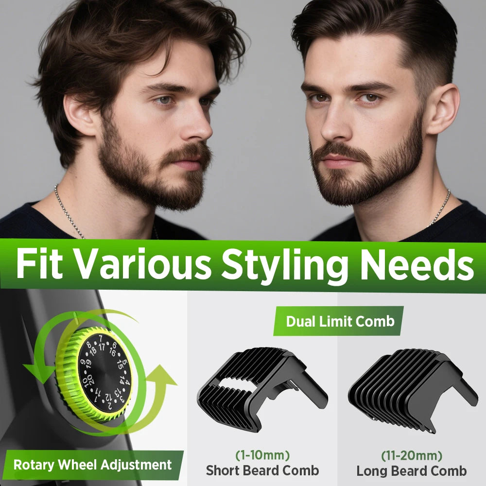 Cordless Men Beard Trimmer Rechargeable Electric Shaver with 20 Trim Built-in Vacuum Clipper for Mustache Sideburns Grooming Kit