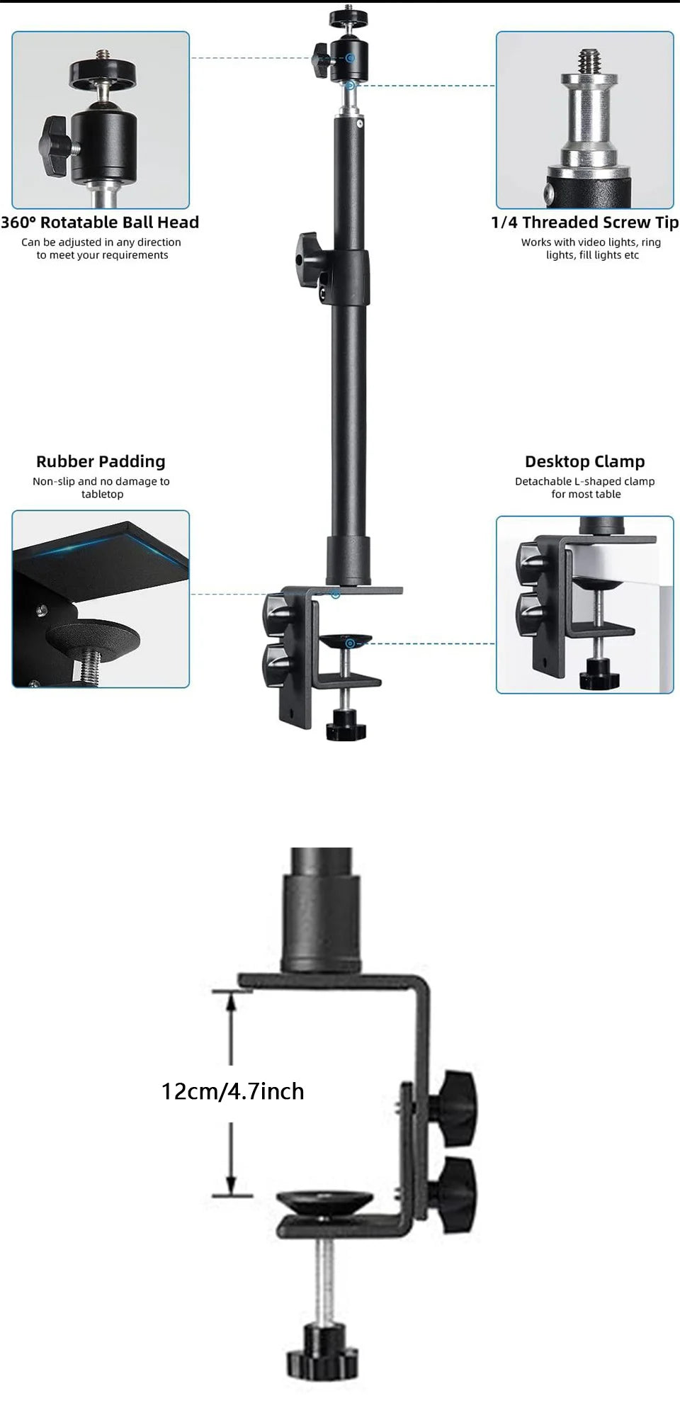 Desk Mount Stand DSLR Camera C Clamp Light Stand Photographic Light Boom Stand With Ball Head for Phone Video Ring Light Zoom