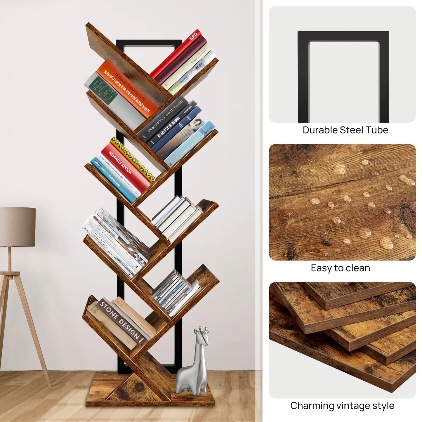 BRIEFNESS 9-Tier Tree Bookshelf,Floor Standing Bookcase,Tree Shaped Book Shelves,Display Storage Shelving Units Storage Rack