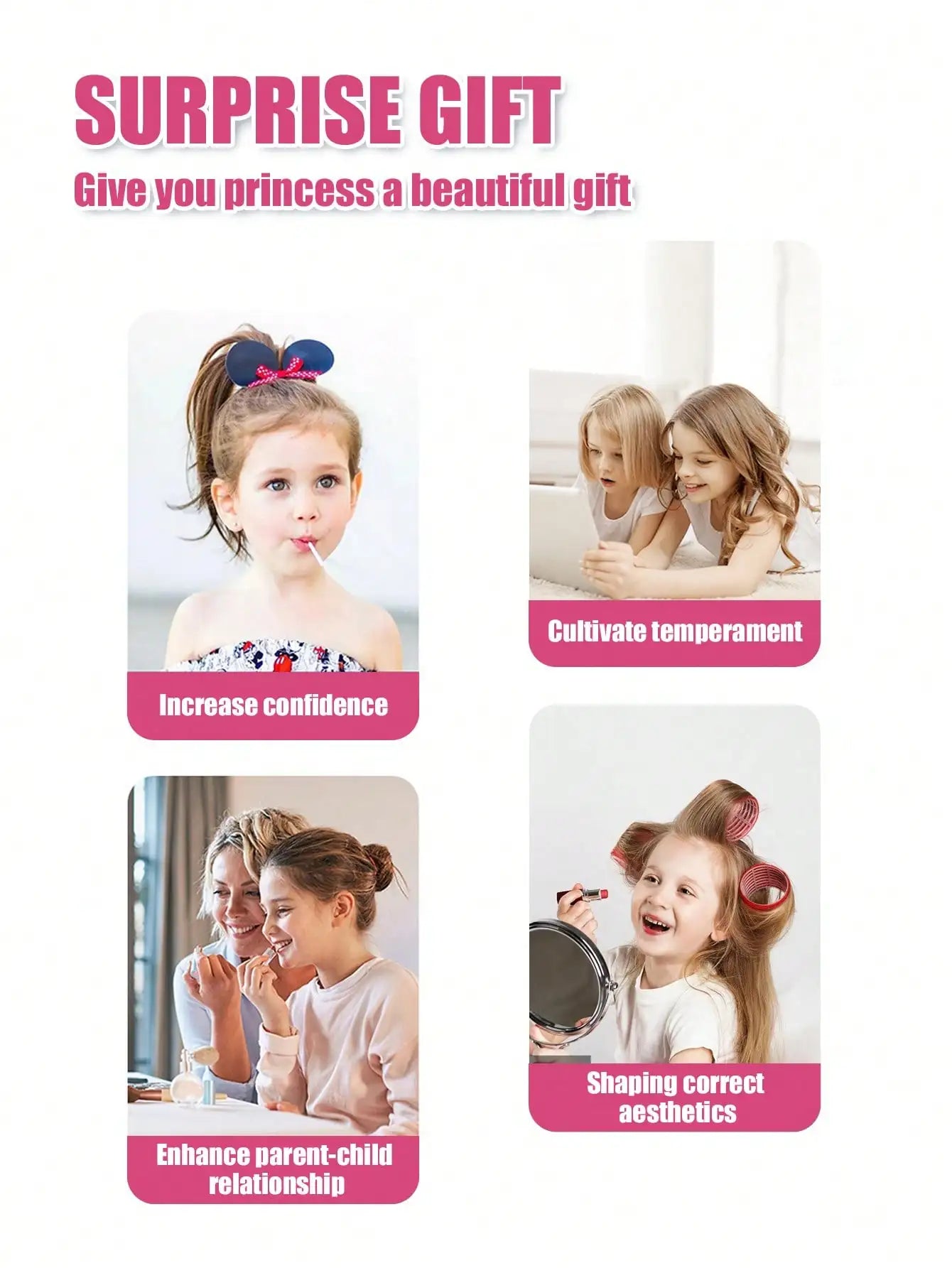 Kids Princess Vanity Dressing Table Toy Set with Mirror&30Pcs Makeup Accessories, Pretend Hair Dryer Cosmetic Kit,Gift for Girls