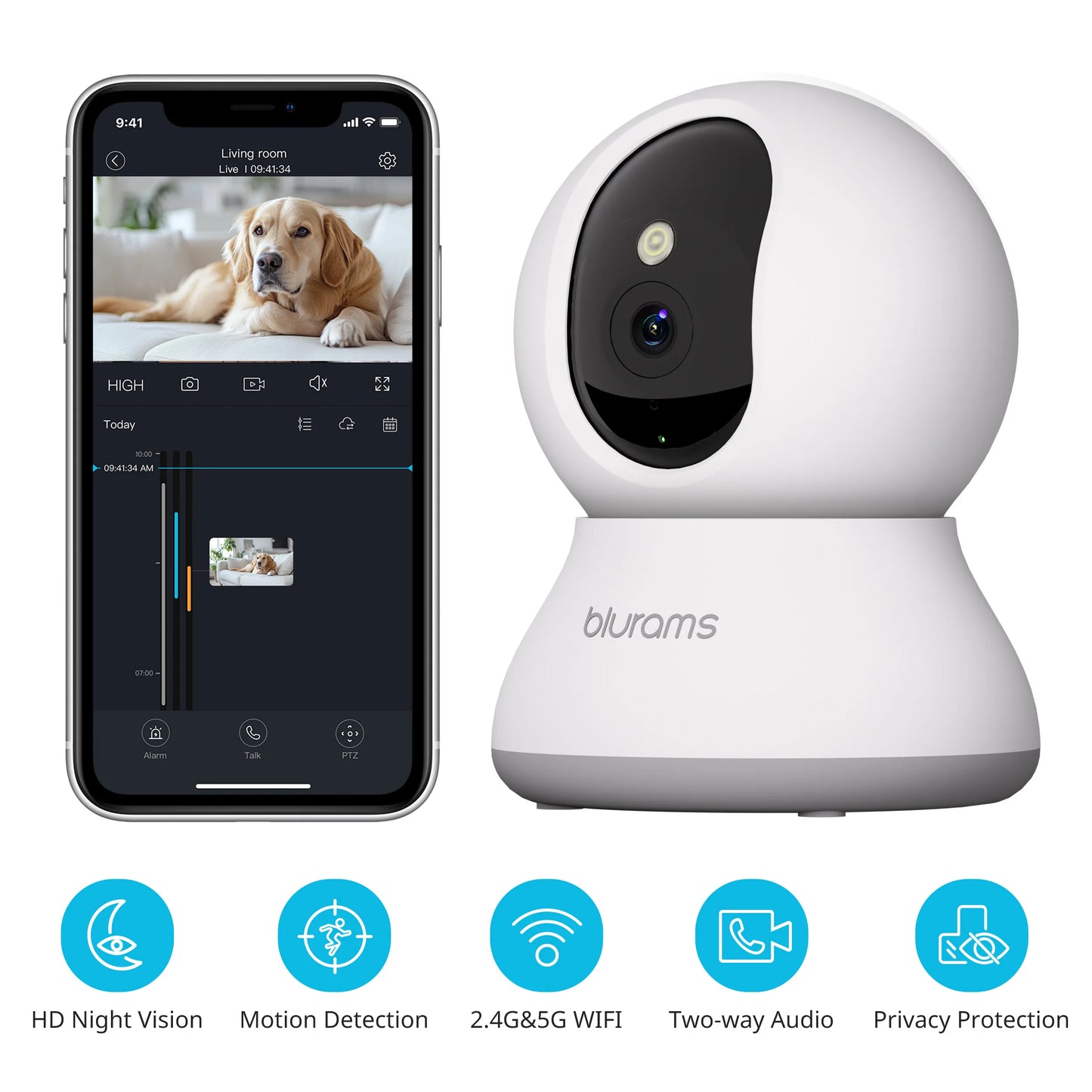 Pet Camera 2K, 360° Indoor Security Camera, Dog Camera with Phone App, PTZ Cameras for Home Security Indoor, No plug