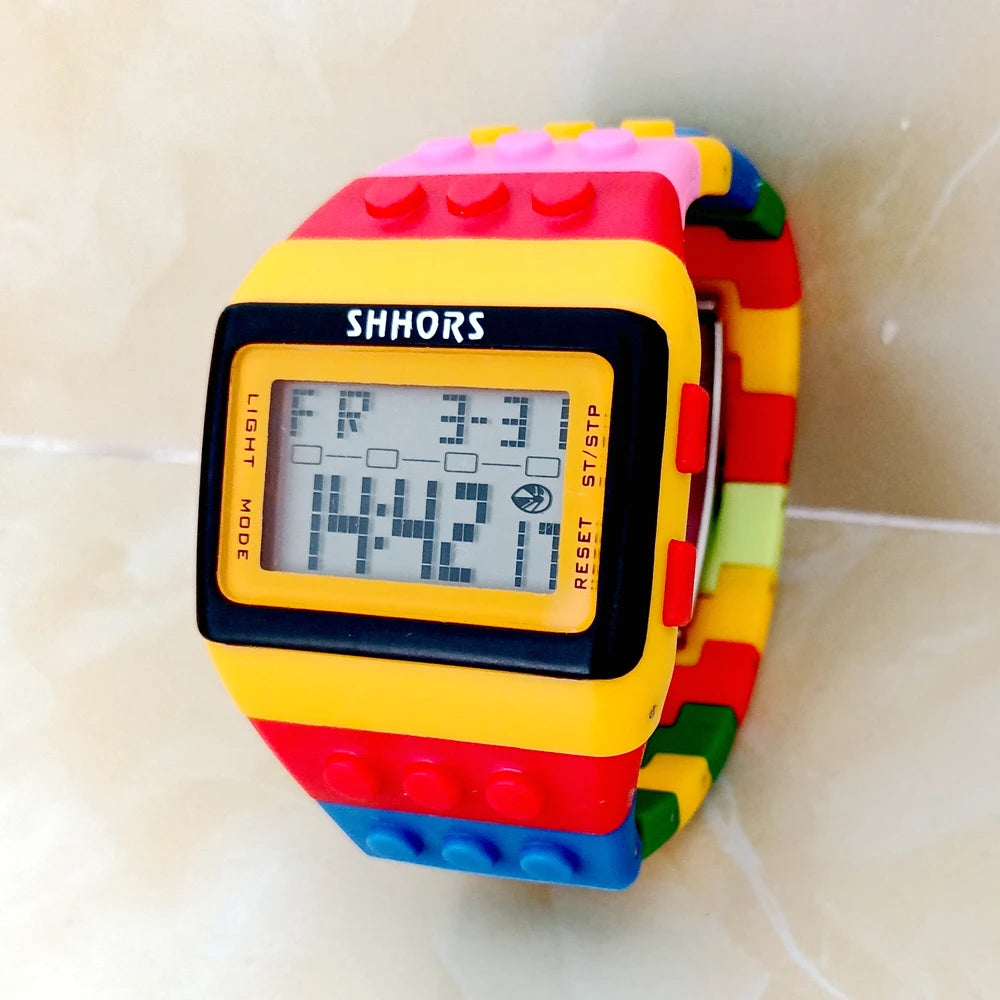 Fashion Students Mens Women Colourful SHHORS Building Blocks Plastic Waterproof Sport Digital Electronic Multifunctional Watches