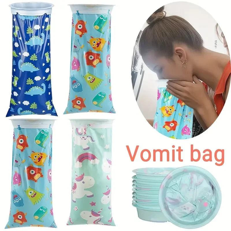 10Pcs Random Pattern Disposable Vomit Bags - Portable Emergency Vomit Bags Essential for Motion Sickness, with Various Designs, Thick and Durable, Odor-Resistant, Perfect for Road Trips, Airplanes, Boats, Outdoor Emergency Tr