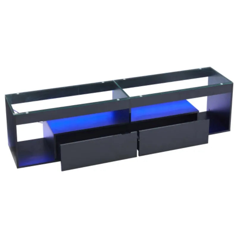 High Gloss TV Stand with 2 Drawers,glass tabletop,TV Cabinet Storage Sideboard with LED lights,open storage,Holds TVs up to 80"