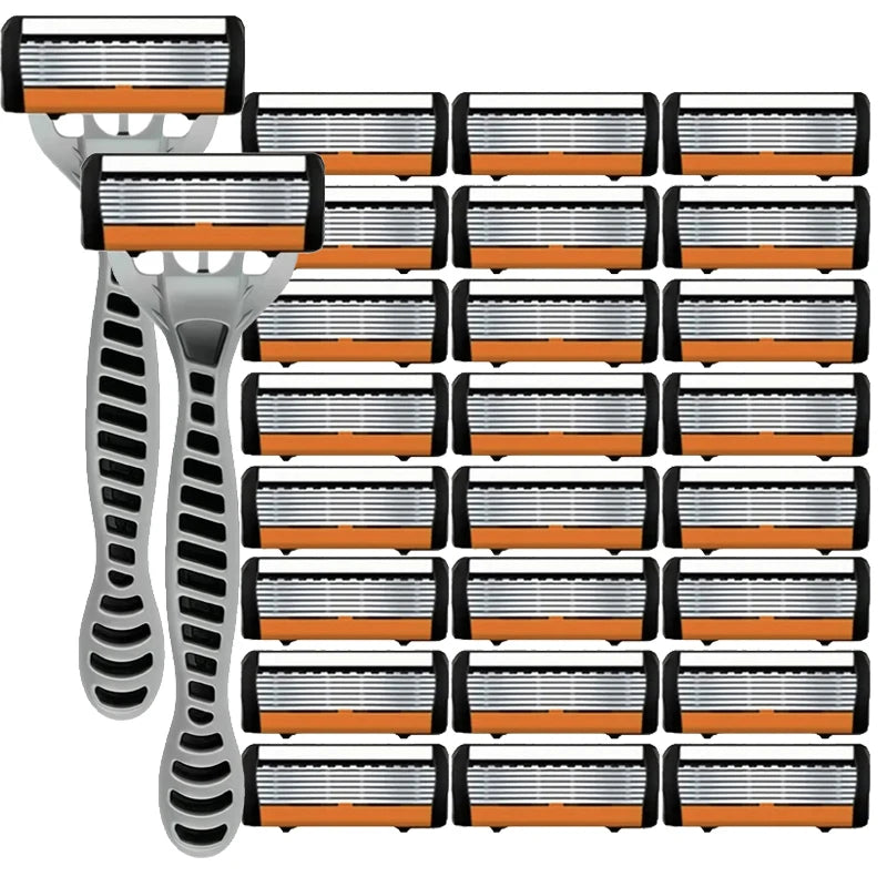 Men's manual razor safety razor 6-layer stainless steel hair removal knife, replaceable razor head, razor tools.