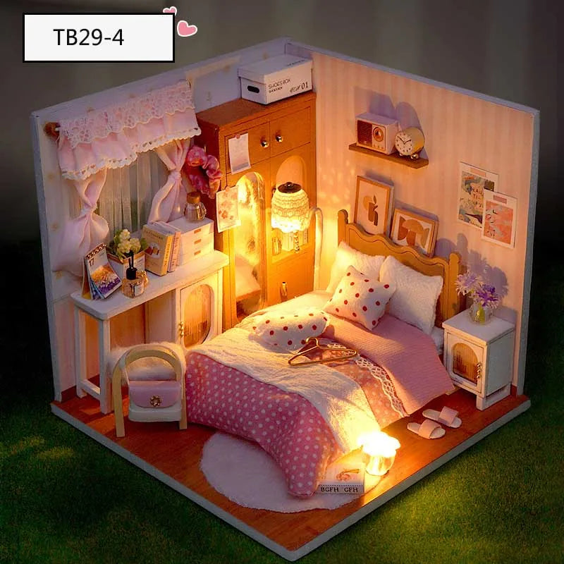 DIY Doll House Wooden Miniature Kit with Furniture Set Handmade Model Assembly Toy Case for Birthday Gifts