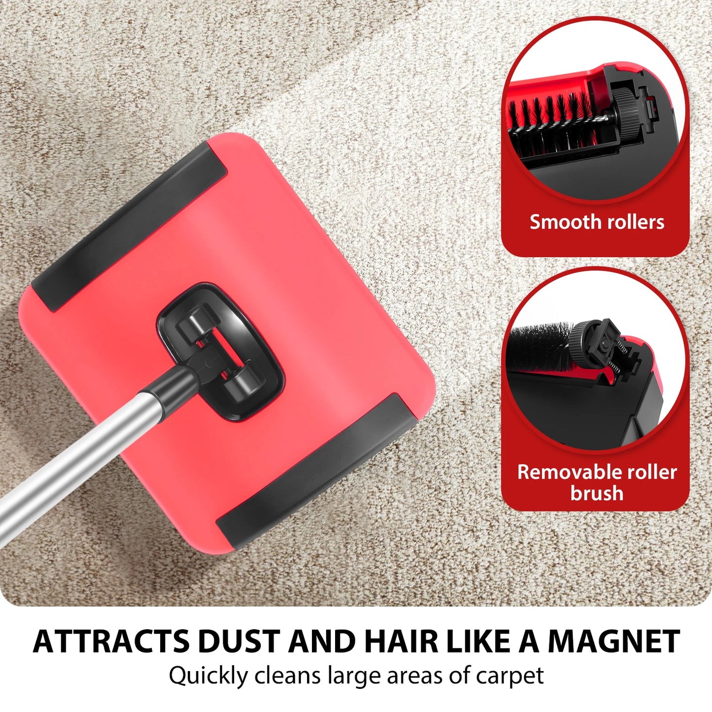 Carpet Floor Sweeper, Manual 3 Rolling Brushes Floor Carpet Brush, Non Electric Quite Rug Roller Brush Push for Cleaning Pet Hai