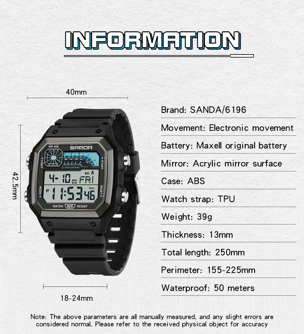 SANDA Outdoor Sport Electronic Watch Men Multifunction Watches Alarm Clock Chrono Waterproof LED Digital Double Time Watch