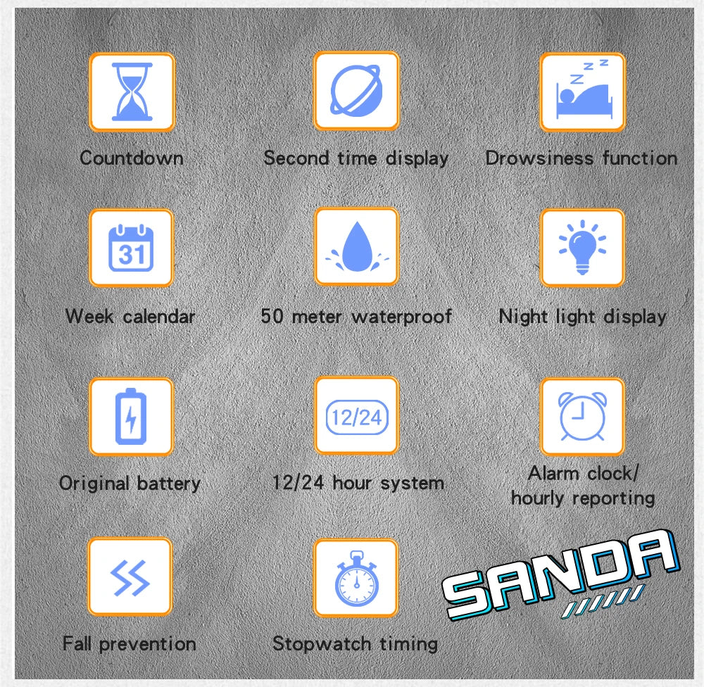 SANDA Outdoor Sport Electronic Watch Men Multifunction Watches Alarm Clock Chrono Waterproof LED Digital Double Time Watch