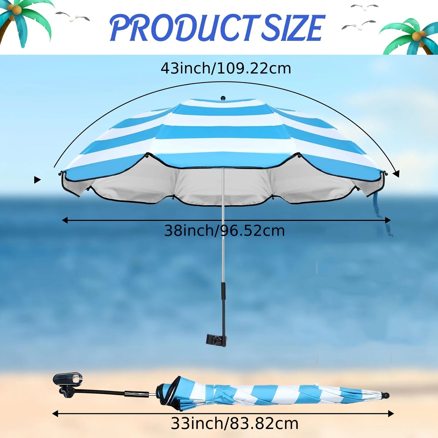1 Piece Waterproof Beach Chair Umbrella with Universal Clamp, 360° Rotation Portable All-Season Golf Umbrella