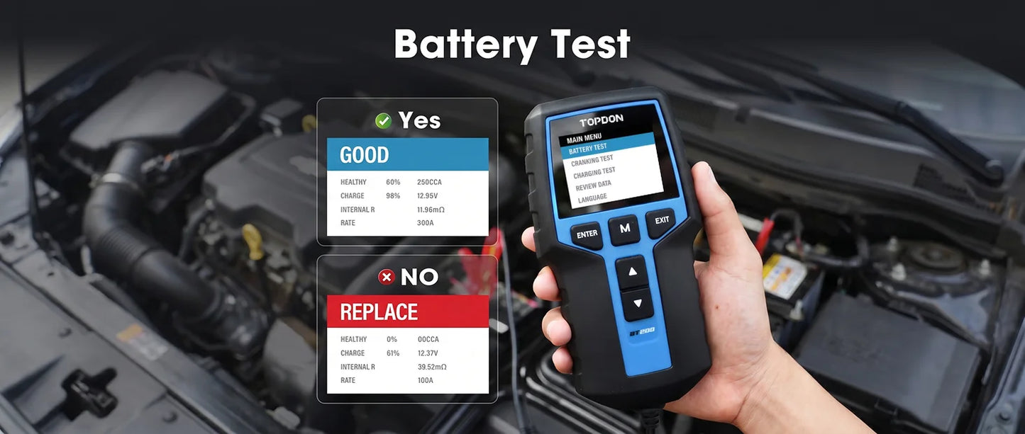 TOPDON BT200 12V Car Battery Tester Digital Automotive Diagnostic Battery Tester Analyzer Vehicle Cranking Charging Scanner Tool