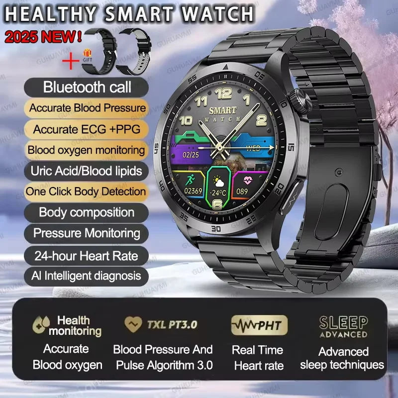 For iOS Android New Health Measurement SmartWatch Men Blood Oxygen Uric Acid ECG+PPG Body Blood Pressure HD Bluetooth Call Watch