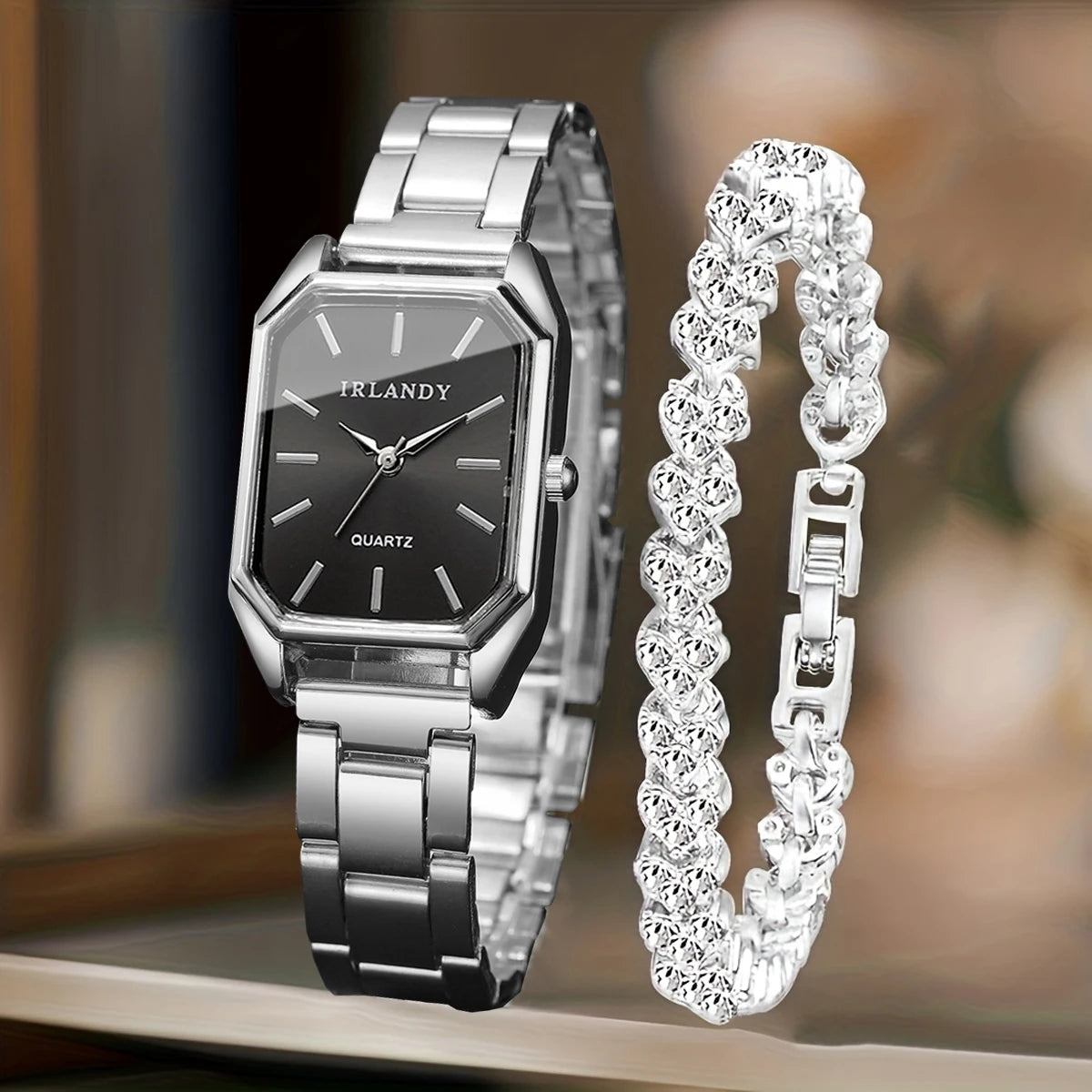 2PCS Fashion Rectangle Women Quartz Watch Rhinestone Bracelet Set Elegant Ladies Wristwatches Reloj Mujer Clock（Without Box）