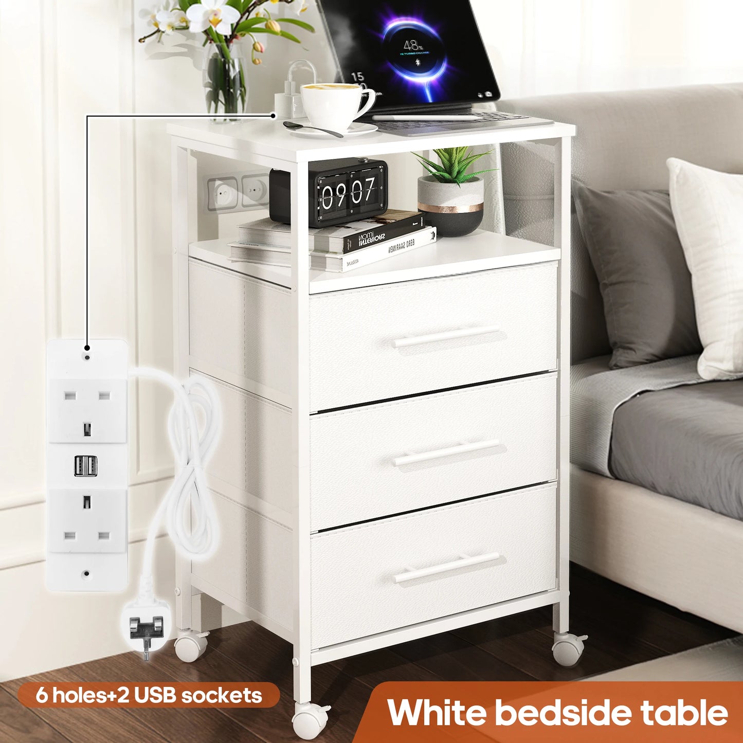 Bedside Table With Charging Station Nightstand With 2 Outlets And 2 USB Ports With 4 Castors