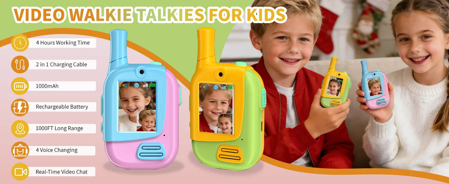 2 Pack Kids Video Walkie Talkies, Rechargeable Two Way Radio with Voice Changer and HD Camera, Indoor Outdoor Camping Hiking Toy