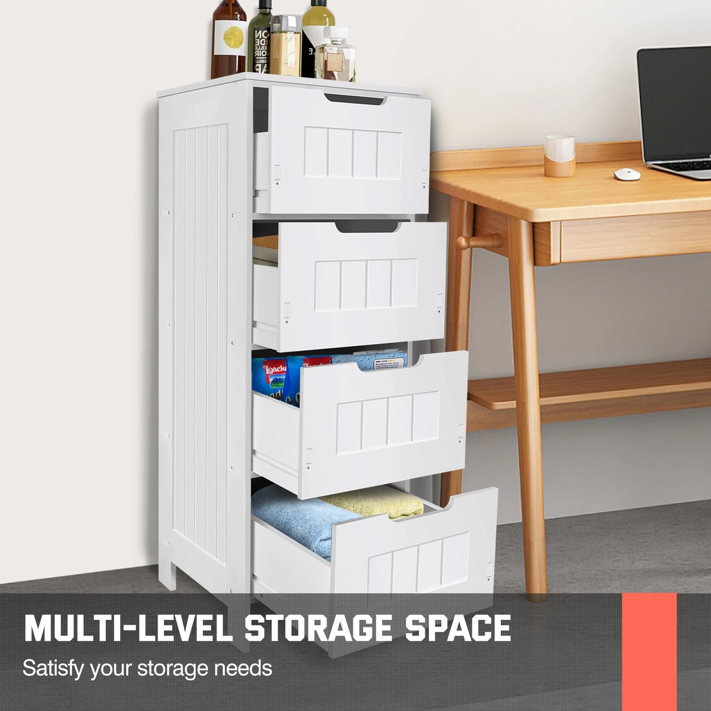 Bathroom Storage Cabinet 4 Drawers Floor Standing Modern Waterproof Bathroom Cabinet Space Saver Home Furniture Cabinet PVC
