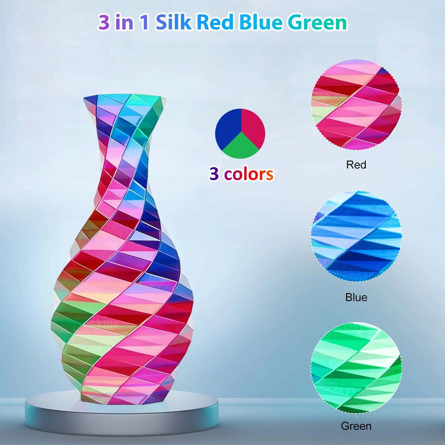 Tricolor Silk PLA 3D Printer Filament, 1.75mm Multicolor 3D Printing Filament, Red&Blue&Green Filament, 250g (0.55lbs)