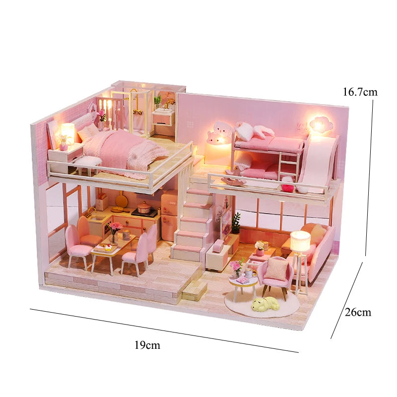 DIY Wooden Doll House Handmade Duplex Apartment Production 3D Puzzle Assembly Building Duplex Apartment Model Toy Children Gifts