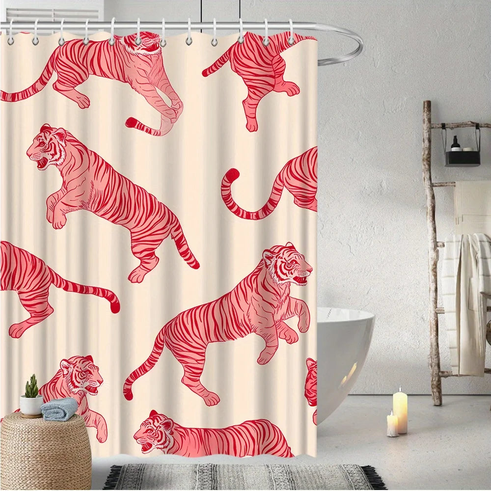 VIKAMA Fashion Pink Tiger Shower Curtain, Bathroom Waterproof and Mold-Resistant Curtain, Room Divider Curtain, Home Decoration