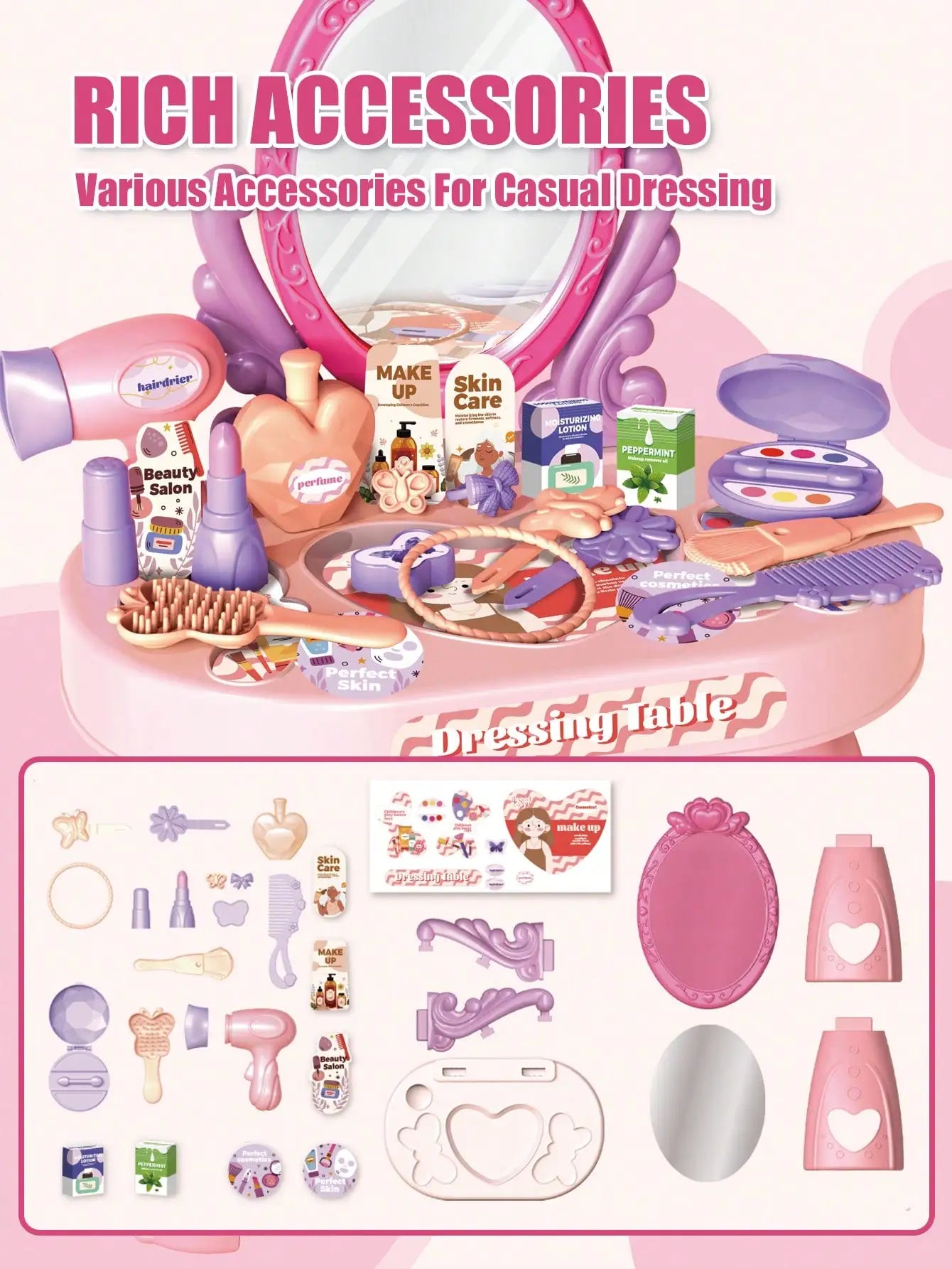 Kids Princess Vanity Dressing Table Toy Set with Mirror&30Pcs Makeup Accessories, Pretend Hair Dryer Cosmetic Kit,Gift for Girls