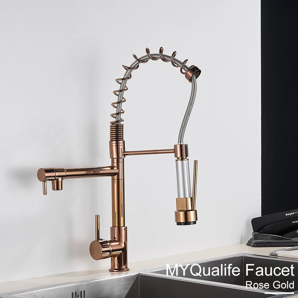 Black Pull Down Brass Kitchen Sink Faucet Hot Cold Water Mixer Crane Tap with Dual Spout 360 Rotation High Faucet Deck Mounted
