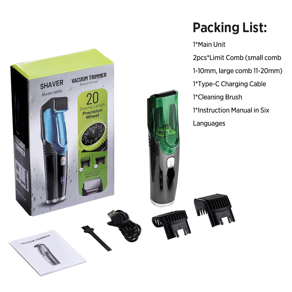 Cordless Men Beard Trimmer Rechargeable Electric Shaver with 20 Trim Built-in Vacuum Clipper for Mustache Sideburns Grooming Kit