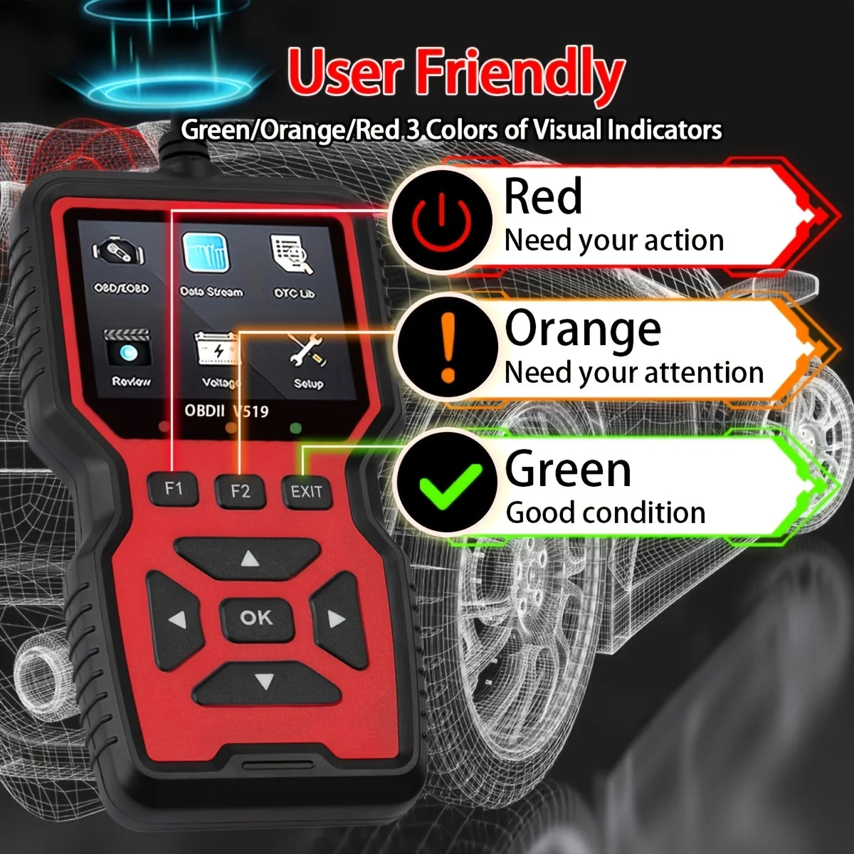 Professional Advanced Obdii/Eobd Car Diagnostic Scan Tool, Battery Tester, I/M Readiness Status, Fault Code Eraser, Suitable for All Obd Ii Protocol Cars Manufactured since 1996, No Battery Required