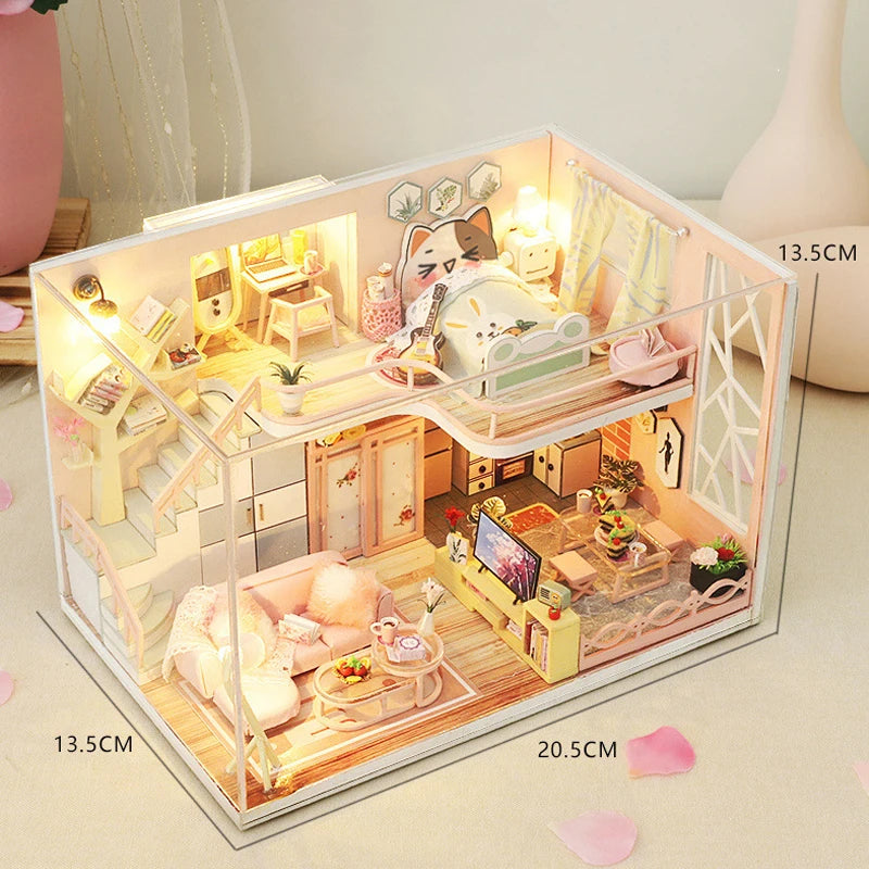 DIY Wooden Doll House Handmade Duplex Apartment Production 3D Puzzle Assembly Building Duplex Apartment Model Toy Children Gifts
