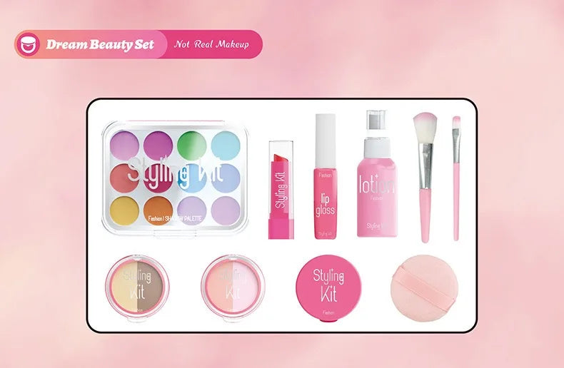 Girl’s pretend home make-up set: faux manicure, lip color, eye shadow, non-washable princess-themed cosmetics and toys.