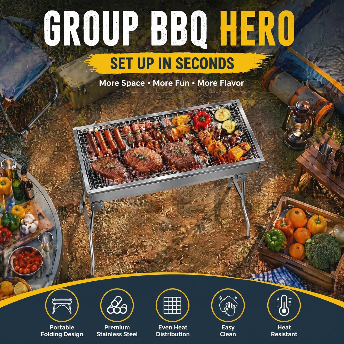 Portable Folding BBQ Grill, Instant Setup Charcoal Barbecue for Camping Festivals Beach, Lightweight Stainless Steel with Carry Bag, Foldable Legs Garden Picnic