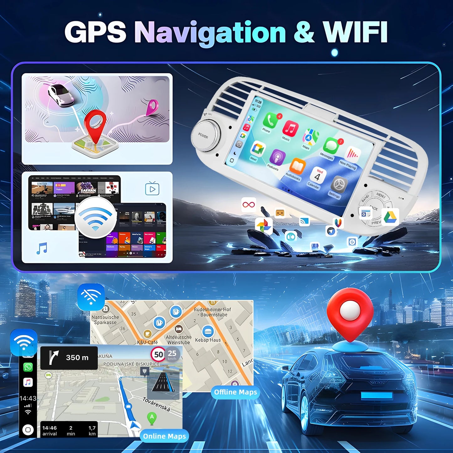 ESSGOO 7" 4+64G Android 15 For Fiat 500 2007-2015 Car Stereo Radio Wireless Carplay Android Auto GPS Navigation Bluetooth FM SWC Wifi RDS ASP IPS Touchscreen Mirror Link Multimedia Video Player