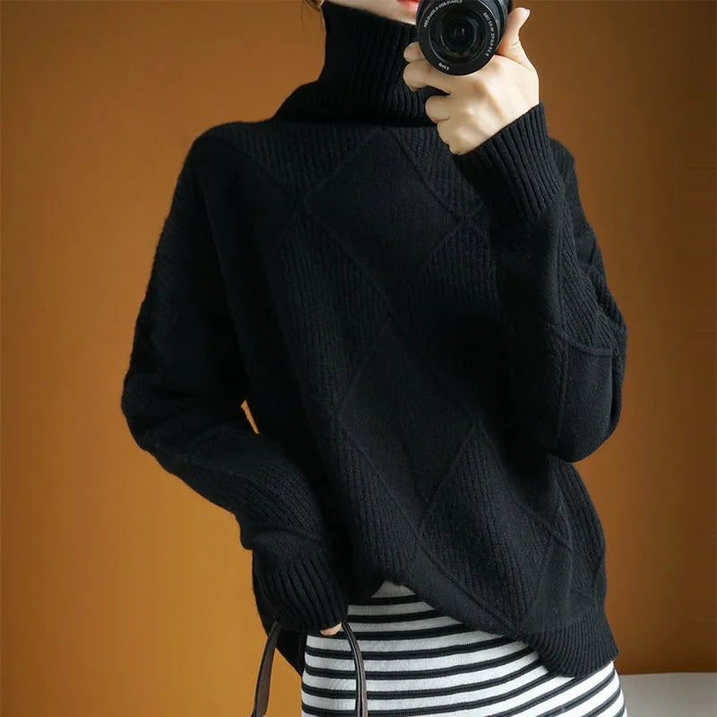 Autumn and Winter New Women's Pullover Sweater Thickened Warmth Fashion Knitted Wool Sweater High Collar DF4845