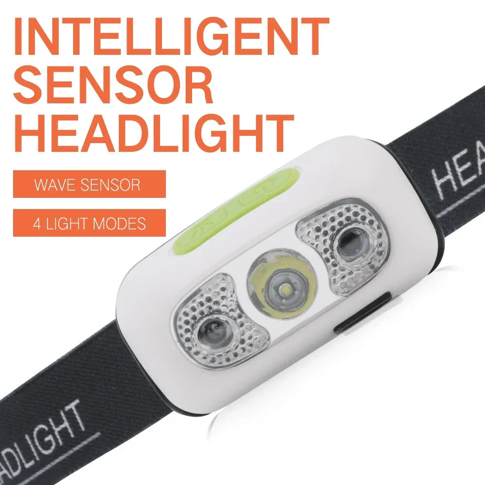 Mini LED Headlamp USB Rechargeable Headlight Wave Sensor Head Flashlight Outdoor Houshold Lamp for Camping Hiking Emergency Fish
