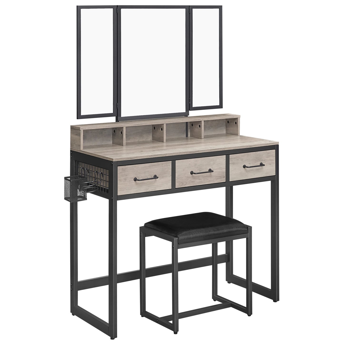 VASAGLE Dressing table with 3-piece folding mirror, hair dryer holder, cosmetic table with padded stool, 3 drawers
