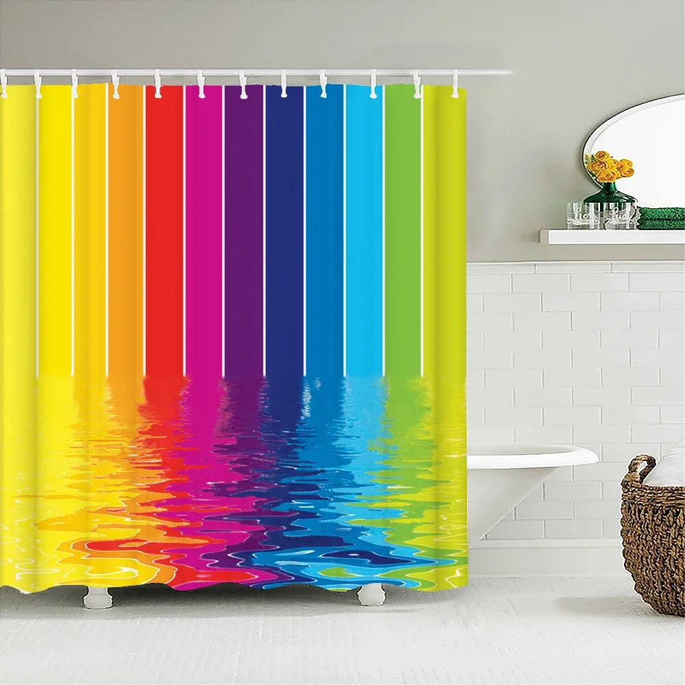Colorful Stripes Shower Curtain Waterproof Polyester Fabric Geometry Bathroom Curtain 180 x 200cm with Hooks Shower Curtain