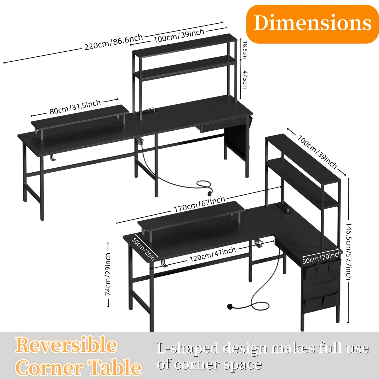 Reversible Computer Desk with LED Lights and Drawer, L Shaped Corner Gaming Desk with Storage Shelves & Bag, Desk Shelf for