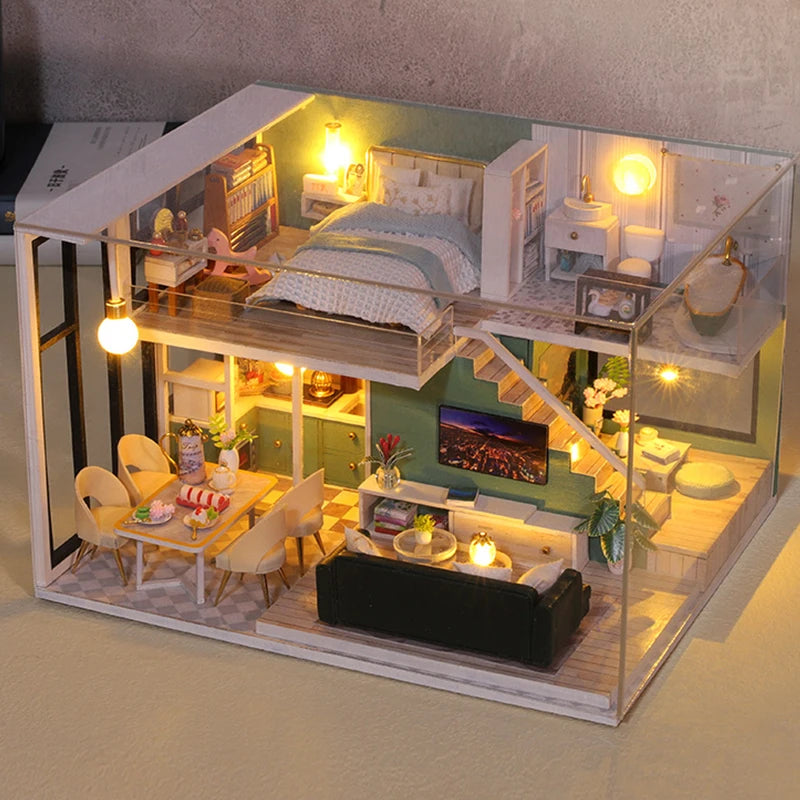 DIY Wooden Doll House Handmade Duplex Apartment Production 3D Puzzle Assembly Building Duplex Apartment Model Toy Children Gifts