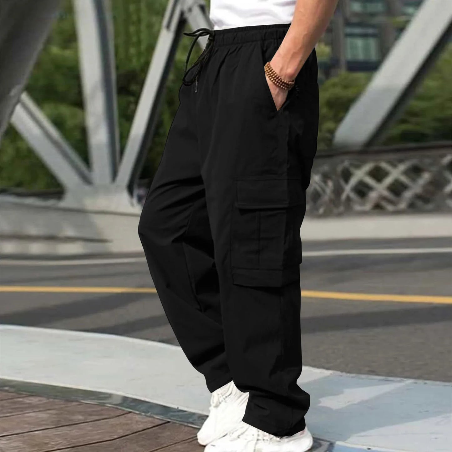 Men Loose Cargo Pants Summer Male High Elastic Waist Zip Pocket Straight Full Trousers BFDZ-A717