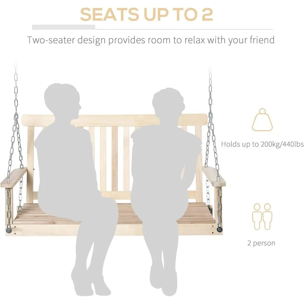 2-Seater Wooden Swing Bench, Porch Hanging Hammock Chair, Natural Garden Furniture