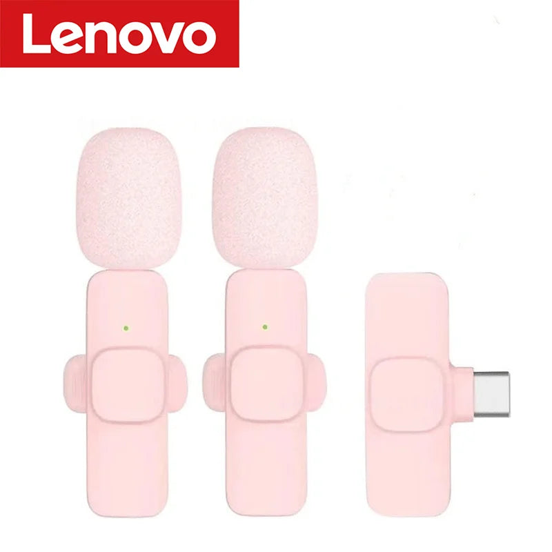 Lenovo Pink Wireless Lavalier Microphone for iPhone Android PC Live Gaming Phone Portable Audio Video Recording Vlog Microphone