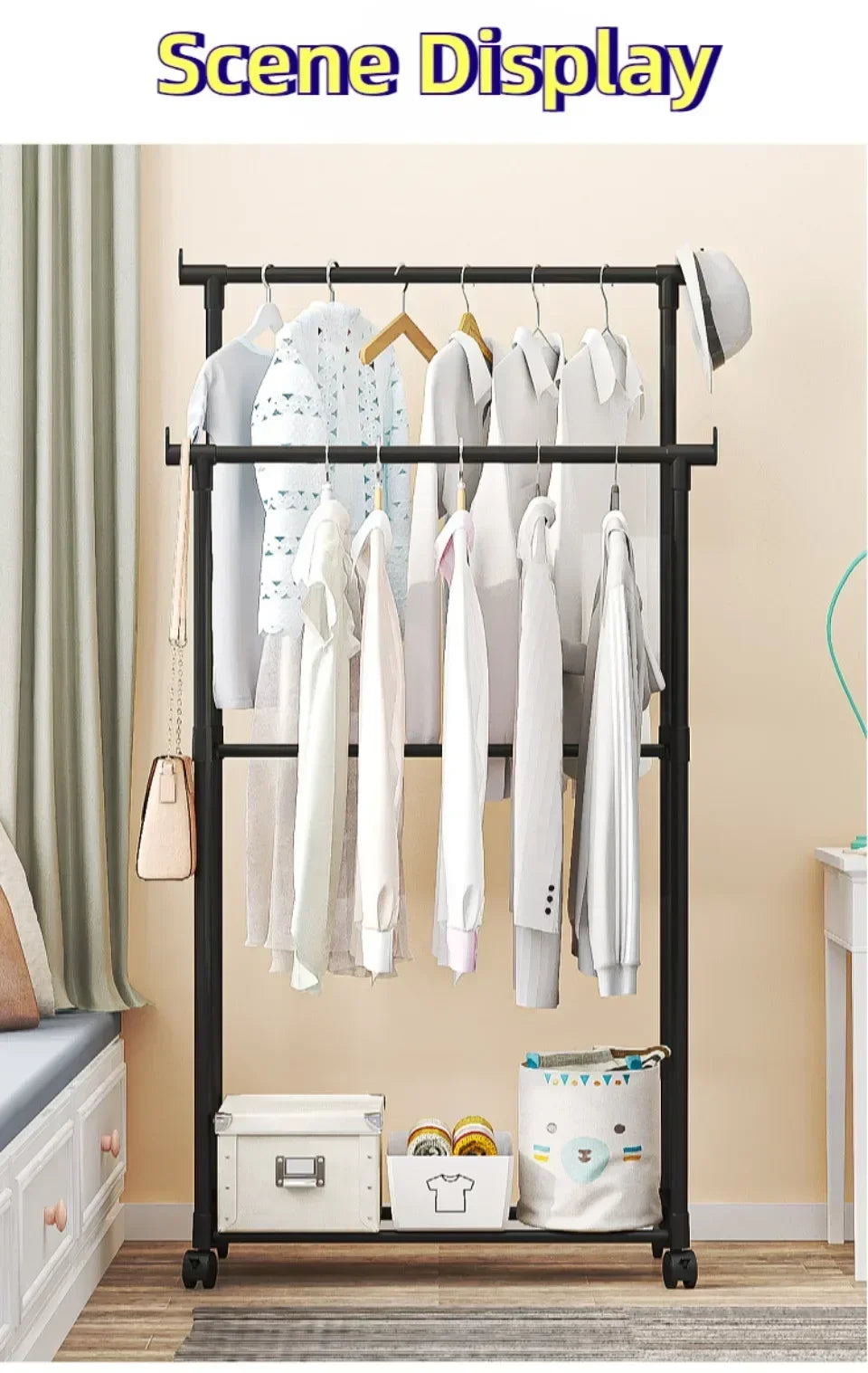 Standing Clothes Hanger Movable Simple Clothing Shelf Bedroom Storage Rack Assembled Closet Organizer Double Rod Coat Rack Floor