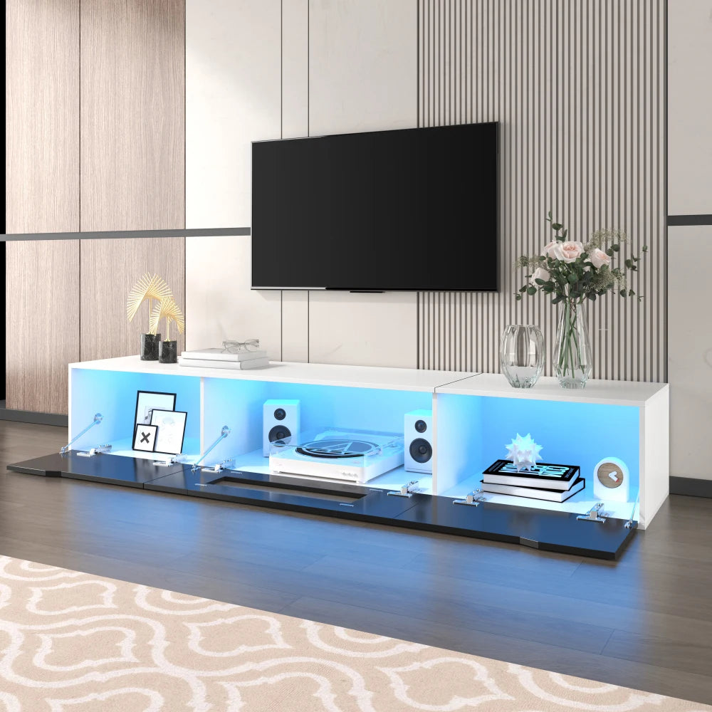 PINGGO TV cabinet, high-gloss TV cabinet, matching colours in white and high-gloss black, with colour-changing LED lights
